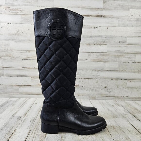 Tory Burch Rowan Solid Black Quilted Logo Tall Riding Boots Sz 5 - Picture 3 of 9